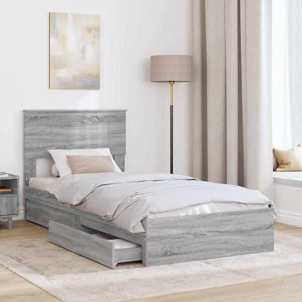 vidaXL Storage Bed with Drawer Grey Sonoma 90 x 190 cm Engineered Wood