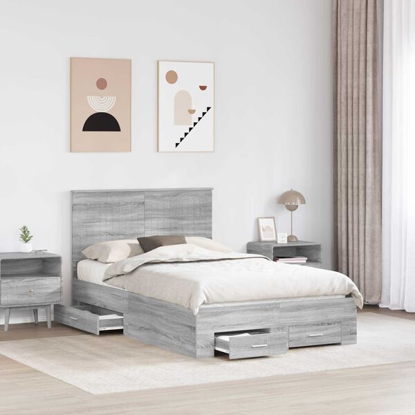 vidaXL Bed Frame with Drawer Grey Sonoma 120 x 190 cm Engineered Wood