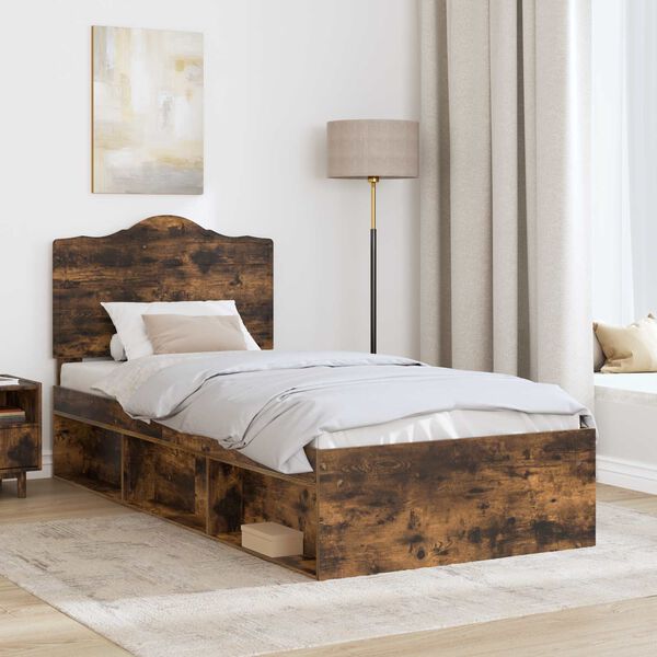 vidaXL Bed Frame with Headboard Smoked Oak 90 x 200 cm Solid Pine Wood