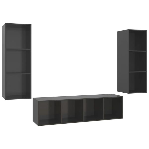 vidaXL 3 Piece TV Cabinet Set High Gloss Grey Engineered Wood