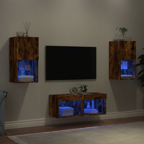 vidaXL 4 Piece TV Wall Cabinets with LED Lights Smoked Oak