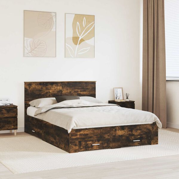 vidaXL Bed Frame with Drawer Smoked Oak 150 x 200 cm Engineered Wood