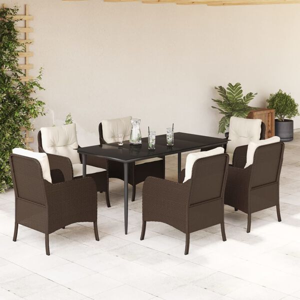 vidaXL 7 Piece Garden Dining Set with Cushions Brown Poly Rattan