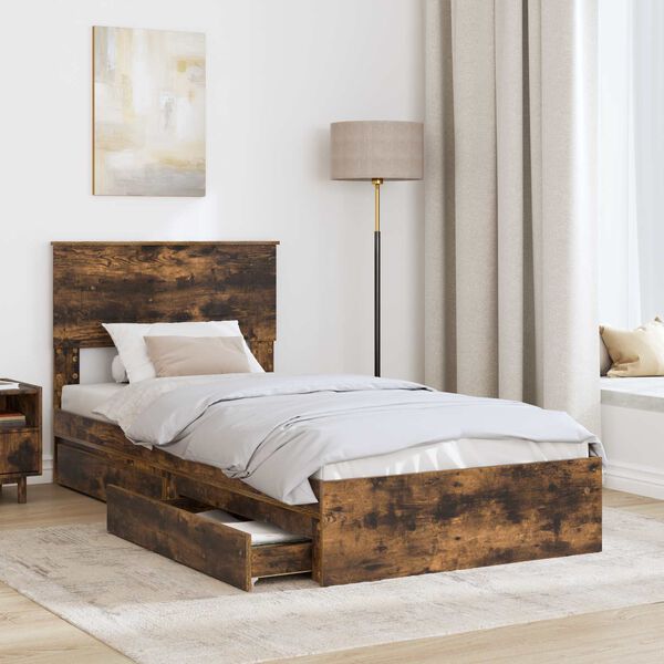 vidaXL Storage Bed with Drawer Smoked Oak 75 x 190 cm Engineered Wood