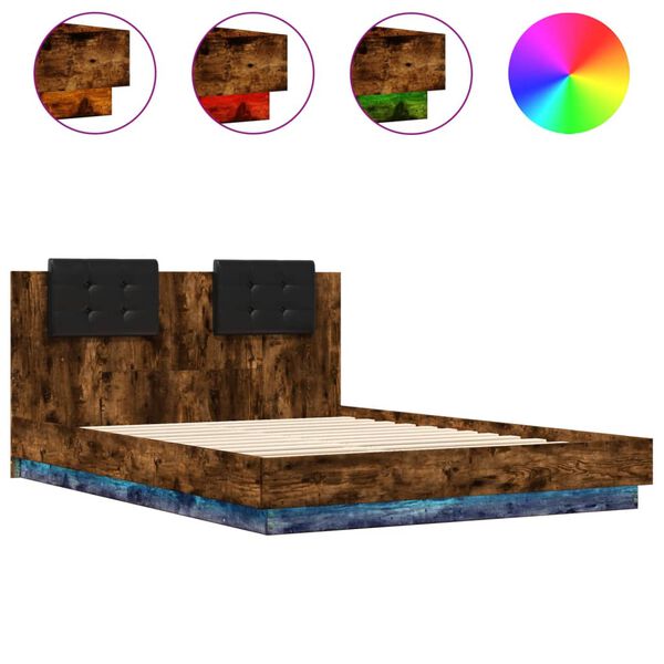 vidaXL Bed Frame with LED without Mattress Smoked Oak 140x200 cm