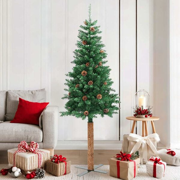vidaXL Slim Christmas Tree with Real Wood and Cones Green 180 cm PVC