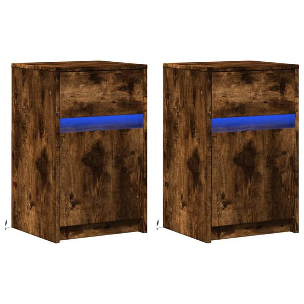 vidaXL Bedside Cabinets with LED Lights 2 pcs Smoked Oak Engineered Wood