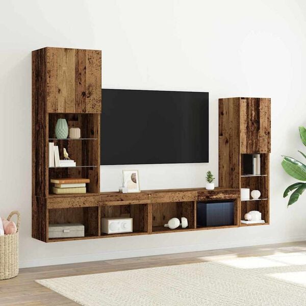 vidaXL TV Cabinet with LED Strip Lights 4 pcs Old wood Engineered wood