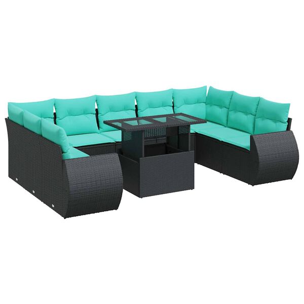 vidaXL 10 Piece Garden Sofa Set with Cushions Black Poly Rattan Acacia