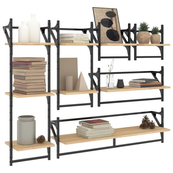 vidaXL 6 Piece Wall Shelf Set with Bars Sonoma Oak Engineered Wood