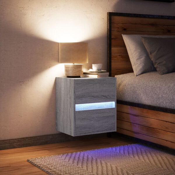 vidaXL Wall-mounted Bedside Cabinet with LED Lights Grey Sonoma