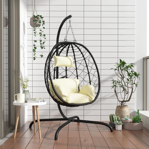 vidaXL Hanging Egg Chair with Cushion Cream White Poly Rattan&Steel