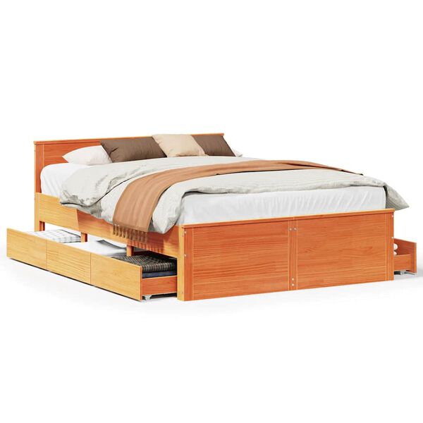 vidaXL Bed Frame without Mattress with Headboard Wax Brown 140x190 cm Solid Wood Pine