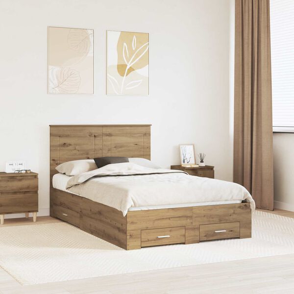 vidaXL Bed Frame with Drawer Artisan Oak 120 x 190 cm Engineered Wood