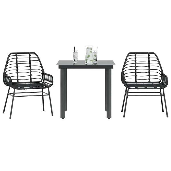 vidaXL 3 Piece Garden Dining Set Black Poly Rattan Glass