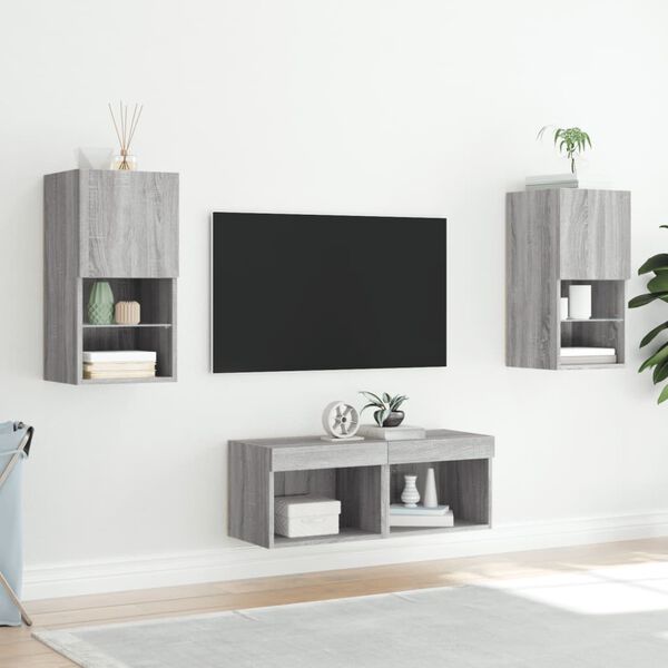 vidaXL 4 Piece TV Wall Cabinets with LED Lights Grey Sonoma