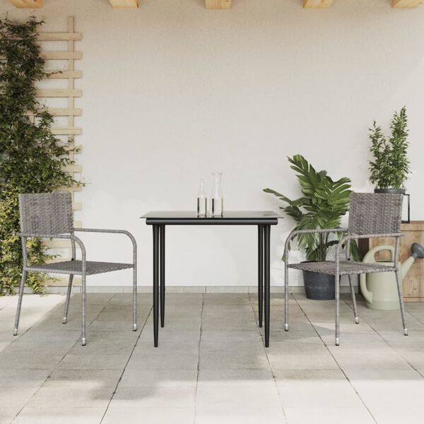 vidaXL 3 Piece Garden Dining Set Grey and Black Poly Rattan and Steel