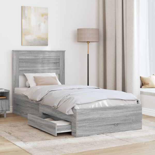 vidaXL Bed Frame with Drawer Grey Sonoma 90 x 190 cm Engineered Wood