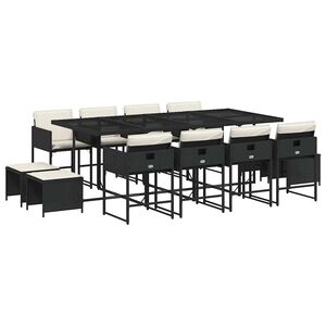 vidaXL 13 Piece Garden Dining Set with Cushions Black Poly Rattan