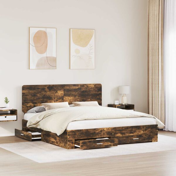 vidaXL Bed Frame with Drawer Smoked Oak 200 x 200 cm Engineered Wood
