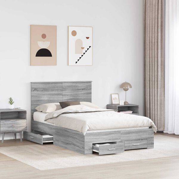 vidaXL Bed Frame with Drawer Grey Sonoma 120 x 200 cm Engineered Wood