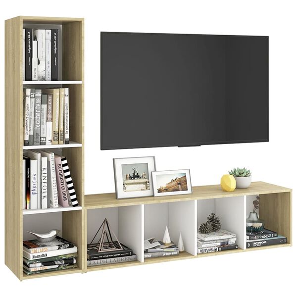 vidaXL TV Cabinets 2pcs White & Sonoma Oak 142.5x35x36.5cm Engineered Wood