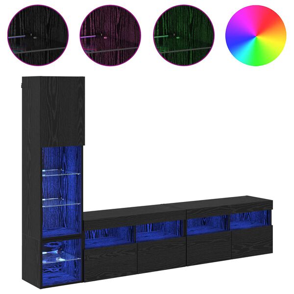 vidaXL TV Wall Unit with LED 4 pcs Black Oak Engineered Wood