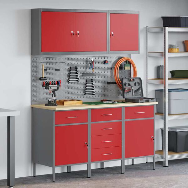 vidaXL Work Bench with Drawer 8 pcs Red 150 x 55 x 200 cm Steel