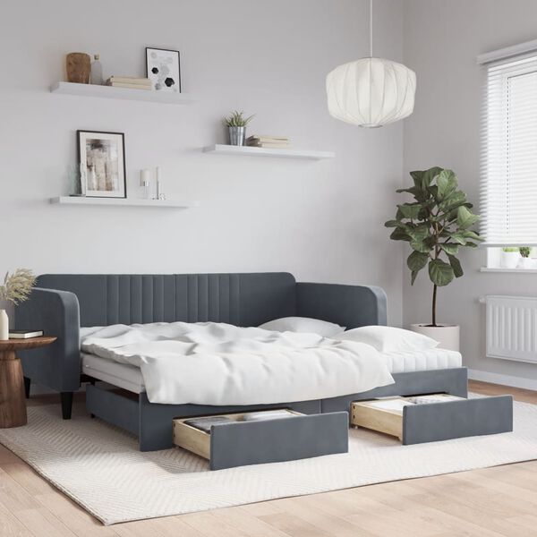 vidaXL Daybed with Trundle and Drawers Dark Grey 90x190 cm Velvet