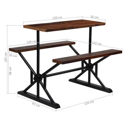 vidaXL Bar Table with Benches Solid Reclaimed Wood 120x50x107 cm
