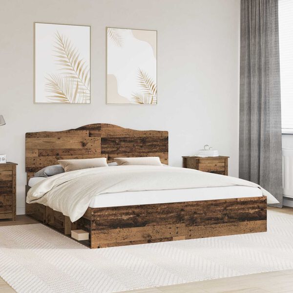 vidaXL Bed Frame with Headboard Old Wood 200 x 200 cm Solid Pine Wood