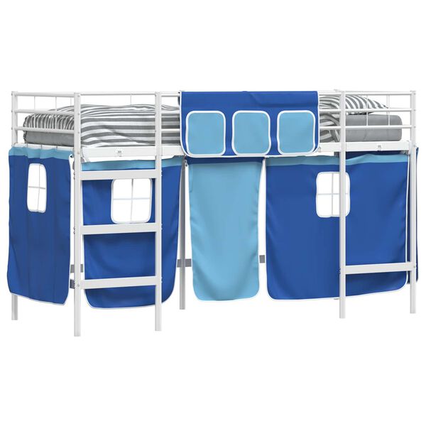 vidaXL Kids'Loft Bed Frame with Curtains White and Blue 99.5 x 190 cm