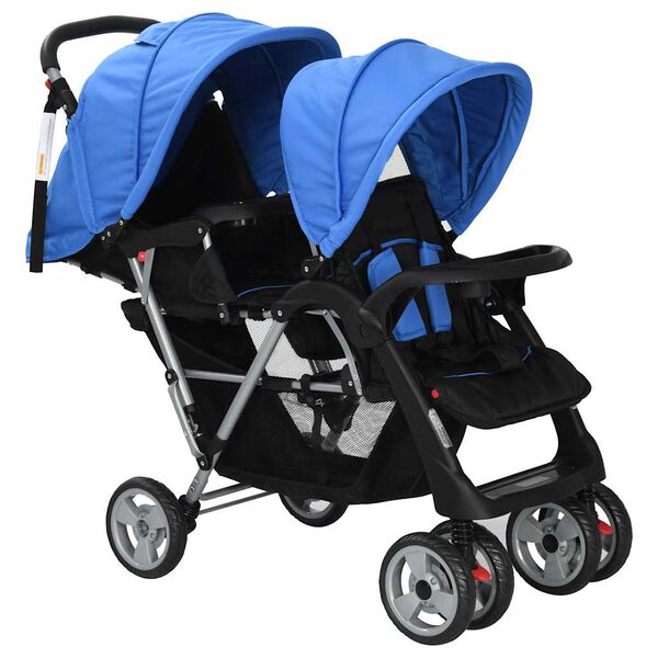 vidaXL Tandem Stroller Steel Blue and Black