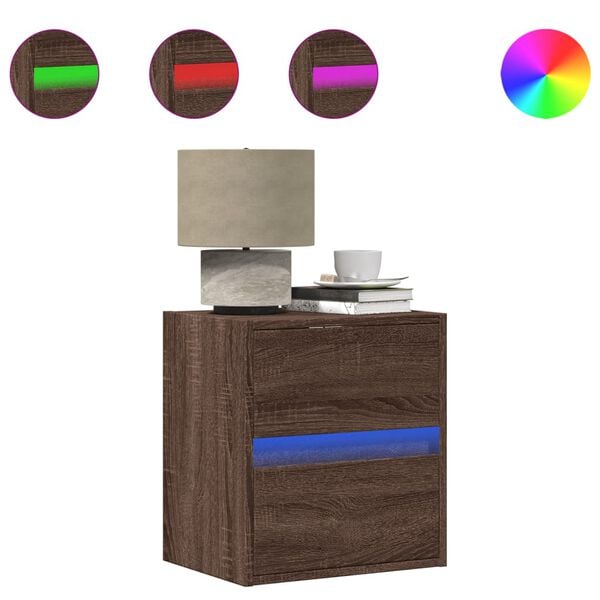 vidaXL Wall-mounted Bedside Cabinet with LED Lights Brown Oak