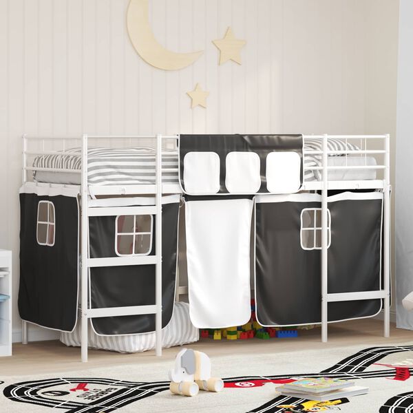 vidaXL Kids'Loft Bed Frame with Curtains White and Black 100 x 190 cm