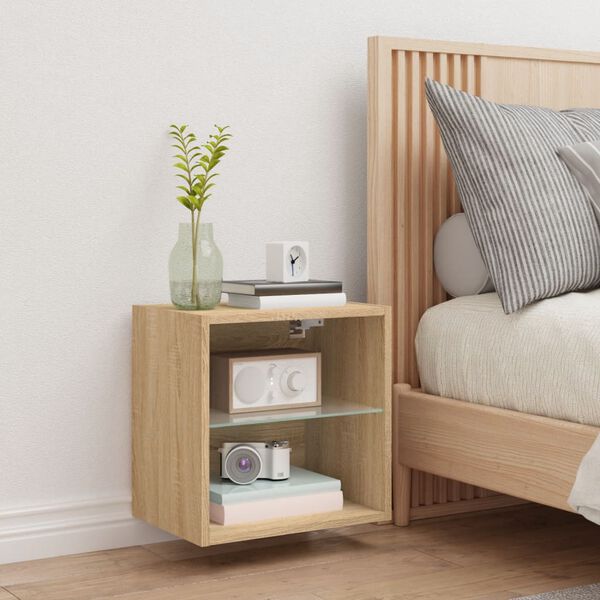 vidaXL Bedside Cabinet with LED Lights Wall-mounted Sonoma Oak