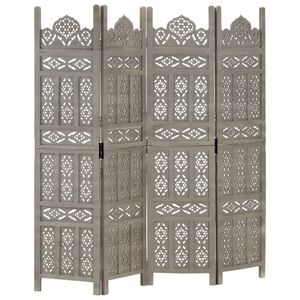 vidaXL Hand carved 4-Panel Room Divider Grey 160x165 cm Solid Mango Wood
