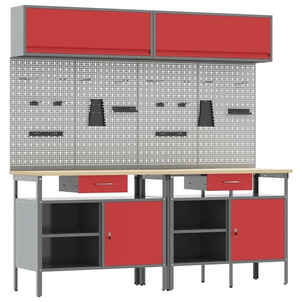 vidaXL Work Bench Set with Drawer 8 pcs Red 200 x 55 x 200 cm Steel