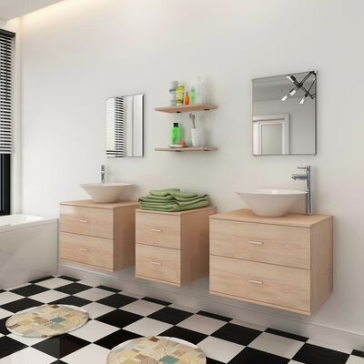 vidaXL Nine Piece Bathroom Furniture Set with Basin with Tap Beige