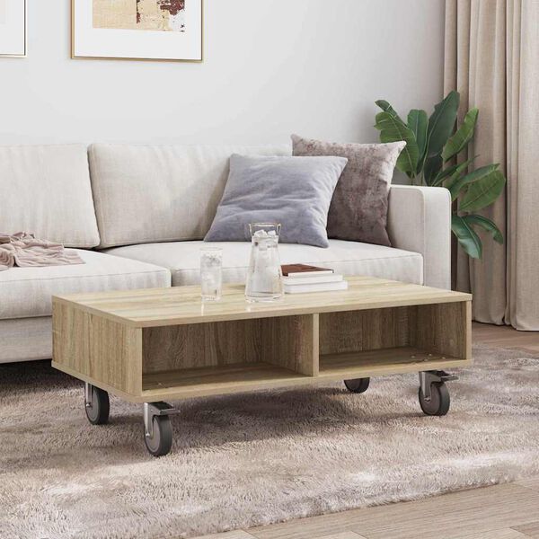 vidaXL Side Table with Wheels Sonoma Oak 90 x 50 x 30 cm