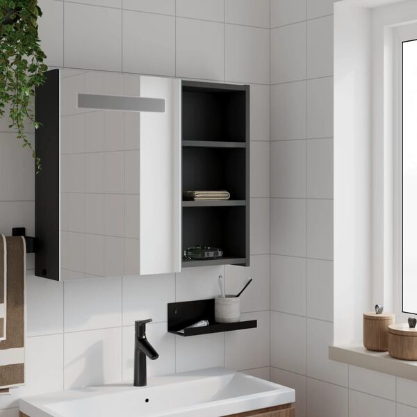 vidaXL Bathroom Mirror Cabinet with LED Light Black 60x13x52 cm
