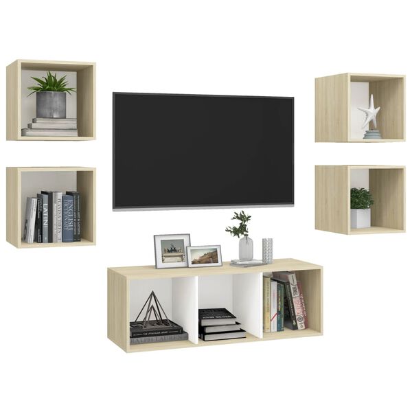 vidaXL 5 Piece TV Cabinet Set White and Sonoma Oak Engineered Wood