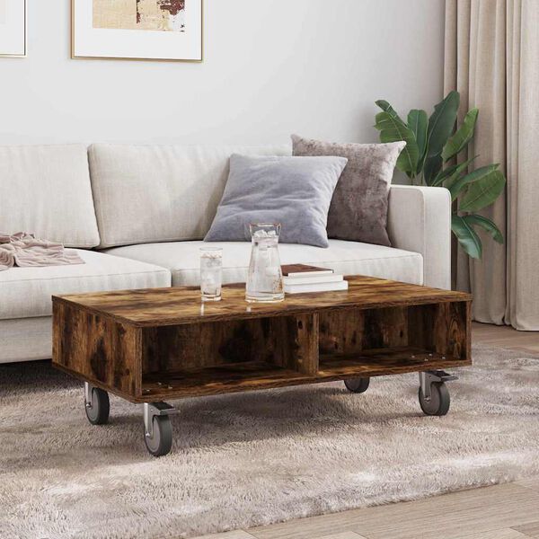 vidaXL Side Table with Wheels Smoked Oak 90 x 50 x 30 cm