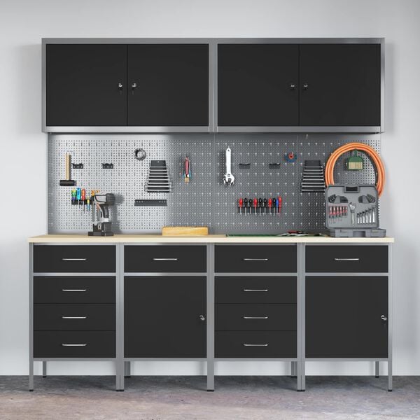 vidaXL Work Cabinet with Drawer 10 pcs Black Engineered Wood and Steel