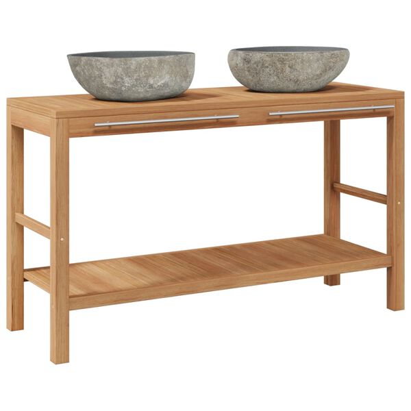 vidaXL Bathroom Vanity Cabinet Solid Teak with Riverstone Sinks