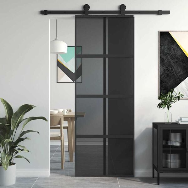 vidaXL Sliding Door Black 76x205 cm Tempered Glass and Aluminium