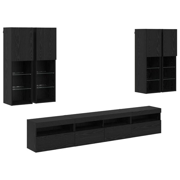 vidaXL TV Wall Cabinet Set with LED Lights with LED 7 pcs Black Oak