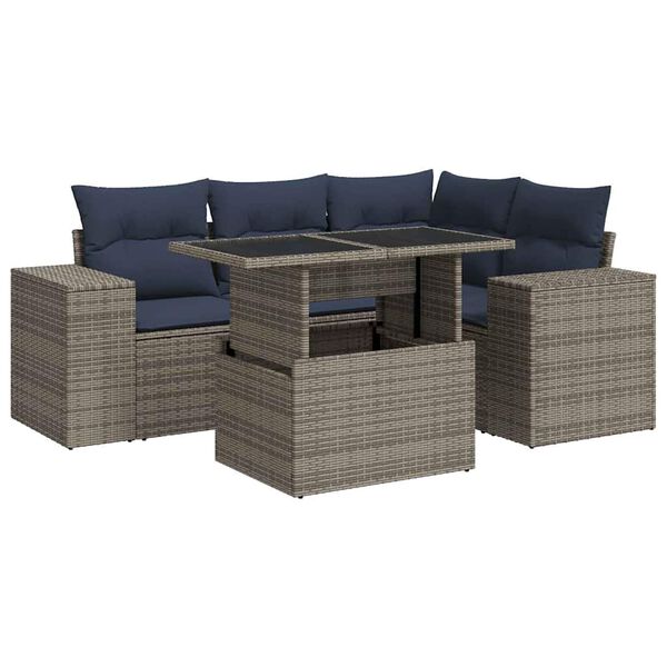 vidaXL 5 Piece Garden Sofa Set with Cushions Grey Poly Rattan
