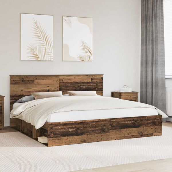 vidaXL Bed Frame with Headboard Old Wood 200 x 200 cm Solid Pine Wood