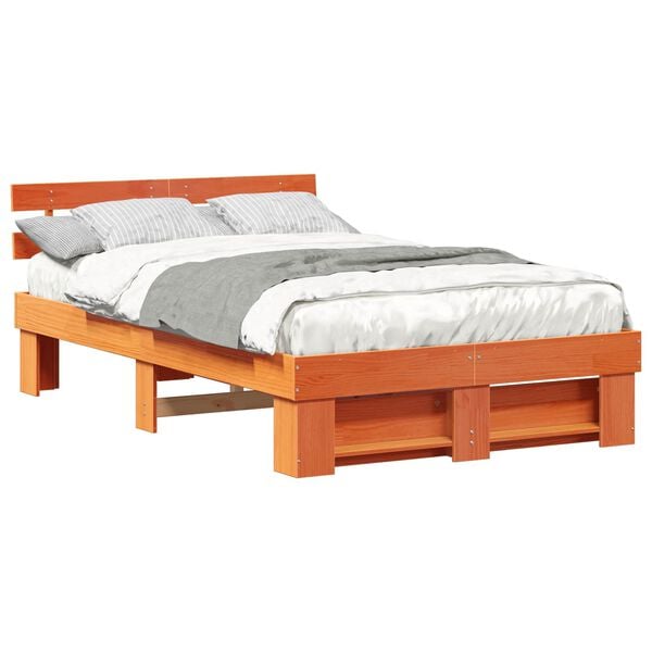 vidaXL Bed Frame with Headboard Wax Brown 120 x 190 cm Solid Pine Wood